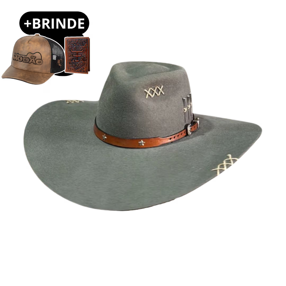Chapéu 3 Cravos Casca de Bala Cinza+ Boné e Carteira GRÁTIS