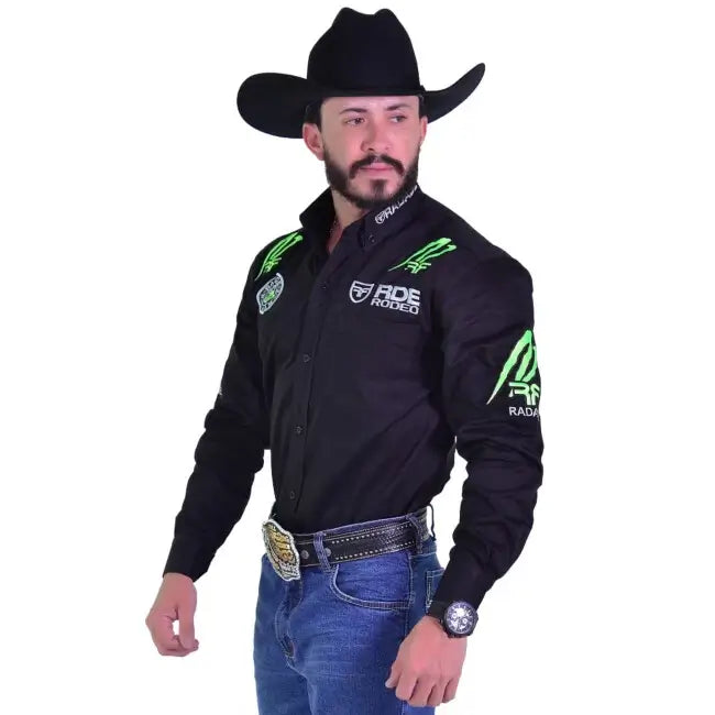 Camisa Radade Sarja Manga Longa Bordada Preto