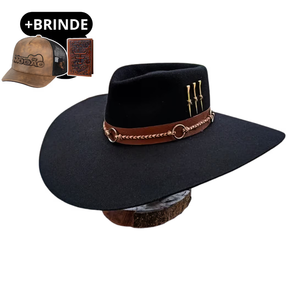 Chapéu 3 Cravos Casca de Bala Preto + Boné e Carteira GRÁTIS